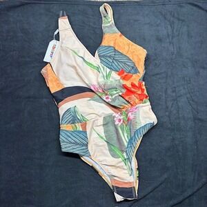 IDOPIP Womens Tropical Floral One Piece Swimsuit V-Neck Low Back Large NWT